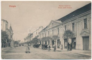 Pöstyén, Piestany; Ferenc József út, üzletek. Kaiser Ede kiadása / Franz Josef-Strasse / widok ulicy, sklepy ...