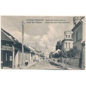 1916 Pöstyén, Piestany; Tüköri villa, Ferenc József út, Mészáros Tivadar üzlete / villa, street view, shop (Rb...