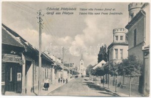 1916 Pöstyén, Piestany ; villa Tüköri, Ferenc József út, Mészáros Tivadar üzlete / villa, vue de la rue, magasin (Rb...