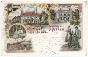 1898 (Vorläufer) Pöstyén, Piestany, Pistyan; Gyógyterem, Cs. és kir. katonai kórház, Úri utca, népviselet, szobor, A...