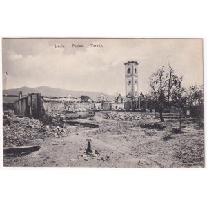 Rimakokova, Kokava nad Rimavicou ; iskola, paplak és templom torony romjai az 1911. augusztus 3-i tűzvész után ...
