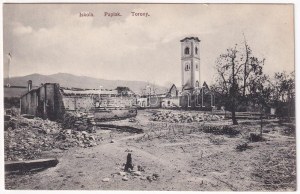 Rimakokova, Kokava nad Rimavicou; iskola, paplak és templom torony romjai az 1911. augusztus 3-i tűzvész után ...