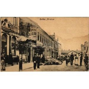Ruttka, Vrútky; Fő utca, Vasúti szálloda, piac. Vasúti levelezőlapárusítás 21. sz. 1918. / main street, railway hotel...