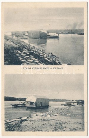 1938 Szap, Sap, Palkovicovo; vízimalmok a Dunán, úszó hajómalom / floating ship mills on the Danube river + ...