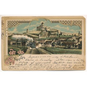 1911 Trencsén, Trencín; vasút a vár alatt, gőzmozdony, vonat / railway under the castle, train, locomotive. Regel u...