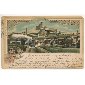 1911 Trencsén, Trencín ; vasút a vár alatt, gőzmozdony, vonat / chemin de fer sous le château, train, locomotive. Regel u...
