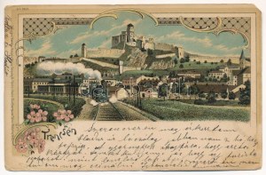 1911 Trencsén, Trencín; vasút a vár alatt, gőzmozdony, vonat / ferrovia sotto il castello, treno, locomotiva. Regel u...