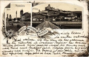 1896 (Vorläufer) Trencsén, Trencín ; Fő tér, vár, vasúti híd. Gansel Lipót / place principale, château, pont ferroviaire...