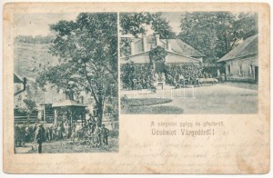 1904 Várgede, Várgedefürdő, Kúpele Hodejov, Hodejov ; Gyógy- és gőzfürdő, Csevicze kút, vonat a háttérben / spa...
