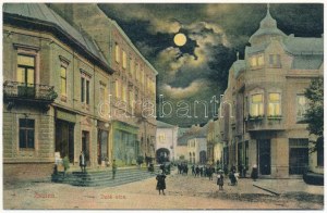 Zsolna, Sillein, Zilina; Deák utca este, Bank, Weisz Testvérek üzlete / Straße bei Nacht, Geschäft...