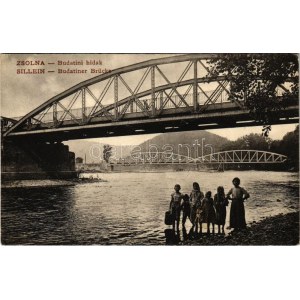 1910 Zsolna, Sillein, Zilina ; Budatini hidak, Vág folyó / bridges, Váh river (fl) + ZSOLNA-GALÁNTA-BUDAPEST 45. SZ....