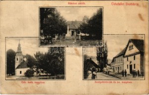 1909 Dolha, Dovhe; Rákóczi emlékmű, Görögkatolikus templom, Szolgabírói lak és izraelita templom, zsinagóga...