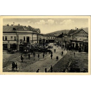 Huszt, Chust, Khust; Fő tér, busz, Beregi-Munkácsi Bank, Weinberger zsidó kóser üzlete / Námestí / main square, autobus...