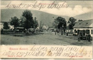 1905 Rahó, Rachov, Rahiv, Rakhiv; Piac részlet és indóház, vasútállomás, üzlet. Némethi J. felvétele, Szálpéter M...