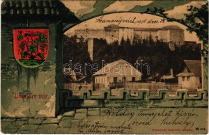 1905 Ungvár, Uzshorod, Uzhorod; vár. Feuerlicht testvérek kiadása. Szecessziós címeres litho montázs / castle...