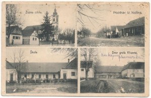 1912 Berzétemonostor, Nustar; Zupna crkva, Skola, Fvor grofa Khuena / Plébániatemplom, Iskola, Fő utca, üzlet...