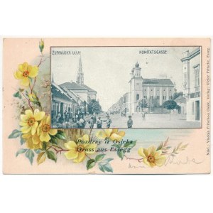 1899 (Vorläufer) Eszék, Essegg, Osijek; Zupanijska ulica / Comitatsgasse / utca, zsinagóga, piac / via, sinagoga...