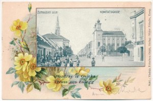 1899 (Vorläufer) Eszék, Essegg, Osijek; Zupanijska ulica / Comitatsgasse / utca, zsinagóga, piac / ulica, synagóga...