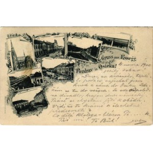 1900 Eszék, Essegg, Osijek; Oberstädter Pfarrkirche, Komitatsgasse, Kapuzinergasse, Eisenbahnbrücke, Hauptplatz...