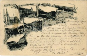 1900 Eszék, Essegg, Osijek; Oberstädter Pfarrkirche, Komitatsgasse, Kapuzinergasse, Eisenbahnbrücke, Hauptplatz...