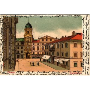 1902 Fiume, Rijeka ; Stadtthurm / Városi toronyóra / clocktower. Lithographie Art nouveau