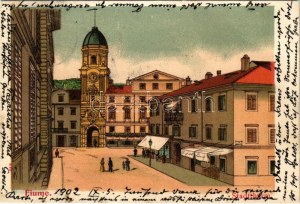 1902 Fiume, Rijeka; Stadtthurm / Városi toronyóra / clocktower. Secesní litografie