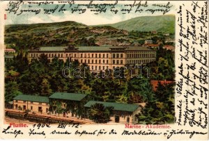 1902 Fiume, Rijeka ; Osztrák-magyar haditengerészeti akadémia, vasútállomás vonattal / Academia di marina / K.u.K...