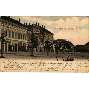 1900 Károlyváros, Karlovac; Pogled na Zrinjski trg / Zrínyi tér, David Kramer és Jos. Purebl üzlete / piazza, negozi (fl...