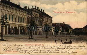 1900 Károlyváros, Karlovac; Pogled na Zrinjski trg / Zrínyi tér, David Kramer és Jos. Purebl üzlete / piazza, negozi (fl...