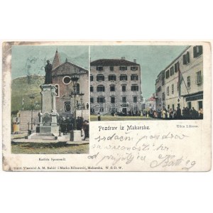 1901 Makarska, Kacica Spomenik, Ulica Listona / památník, ulice, obchody (EK)