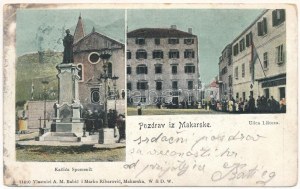 1901 Makarska, Kacica Spomenik, Ulica Listona / památník, ulice, obchody (EK)