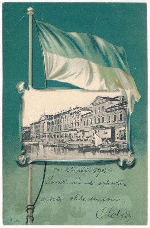 1903 Pola, Pula; Riva, Caffe Miramar / přístav, kavárna. Dep. M. Clapis Secesní litografická vlajka