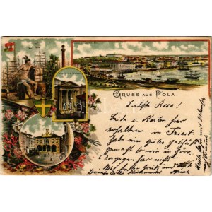 1900 Pola, Pula; Handelshafen, Augustus Tempel, Hauptplatz / porto, tempio, piazza. Art Nouveau, floreale, litografia (EK...