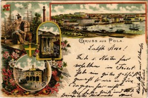 1900 Pola, Pula; Handelshafen, Augustus Tempel, Hauptplatz / prístav, chrám, námestie. Secesný, kvetinový, litografický (EK...