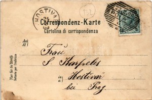 1900 Pola, Pula; Handelshafen, Augustus Tempel, Hauptplatz / prístav, chrám, námestie. Secesný, kvetinový, litografický (EK...