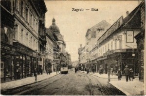 1925 Zagreb, Zágráb; Ilica, delikatesa i vina, Tirinc, Optik, Englezki Magazin / utca, villamos, üzletek...