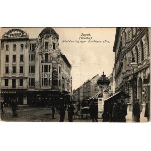 1908 Zagreb, Zágráb; Jelacicev trg ugao Jurisiceve ulice / street view, square, market, shops (EK)