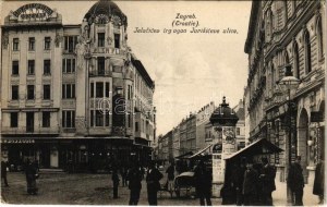 1908 Zagrzeb, Zágráb; Jelacicev trg ugao Jurisiceve ulice / widok ulicy, plac, rynek, sklepy (EK)