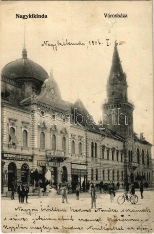 1906 Nagykikinda, Kikinda; Városház. Angner A. dohány nagy és különlegességi áruda, Pentz Miklós üzlete / municipio...