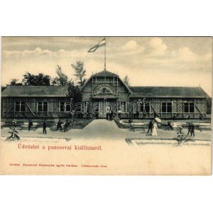 1905 Pancsova, Pancevo; Kiállítás, Mezőgazdasági Csarnok. Népkonyha kiadása / Ausstellung, Landwirtschaftshalle (fl...