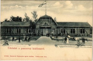 1905 Pancsova, Pancevo; Kiállítás, Mezőgazdasági Csarnok. Népkonyha kiadása / Ausstellung, Landwirtschaftshalle (fl...