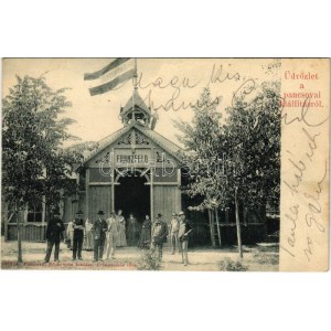 1905 Pancsova, Pancevo; Kiállítás, Franzfeld pavilon. Népkonyha kiadása / Exhibition, pavilion (fl...
