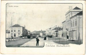 Szabadka, Subotica; Deák utca, villamos. Víg Zsigmond kiadása / Straße, Straßenbahn (EK)