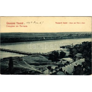 1909 Tital, Tisza parti részlet, hajóhíd. W. L. Bp. 2322. / Riva del fiume Tisa, ponte di barche
