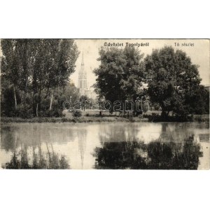 1914 Topolya, Bácstopolya, Backa Topola; tó részlet és templom. Hajtman és Konc kiadása / lake and church (fl...