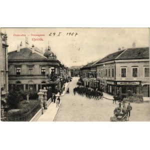 1907 Újvidék, Novi Sad; Duna utca, Ivkovits Milan, Dietzgem Söhne üzlete, vonuló katonák / street, shops...