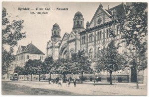 1915 Újvidék, Novi Sad; Izraelita templom, zsinagóga, villamos / Straßenansicht, Synagoge, Straßenbahn (EK...