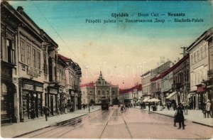 Újvidék, Novi Sad; Püspöki palota, villamos, Böhm Ignác üzlete / Bischofspalast, Straßenbahn, Geschäfte (fl...