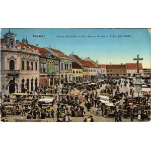 1912 Versec, Werschetz, Vrsac ; Ferenc József tér, piac, üzletek / marché, magasins (EK)
