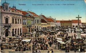 1912 Versec, Werschetz, Vrsac; Ferenc József tér, piac, üzletek / rynek, sklepy (EK)